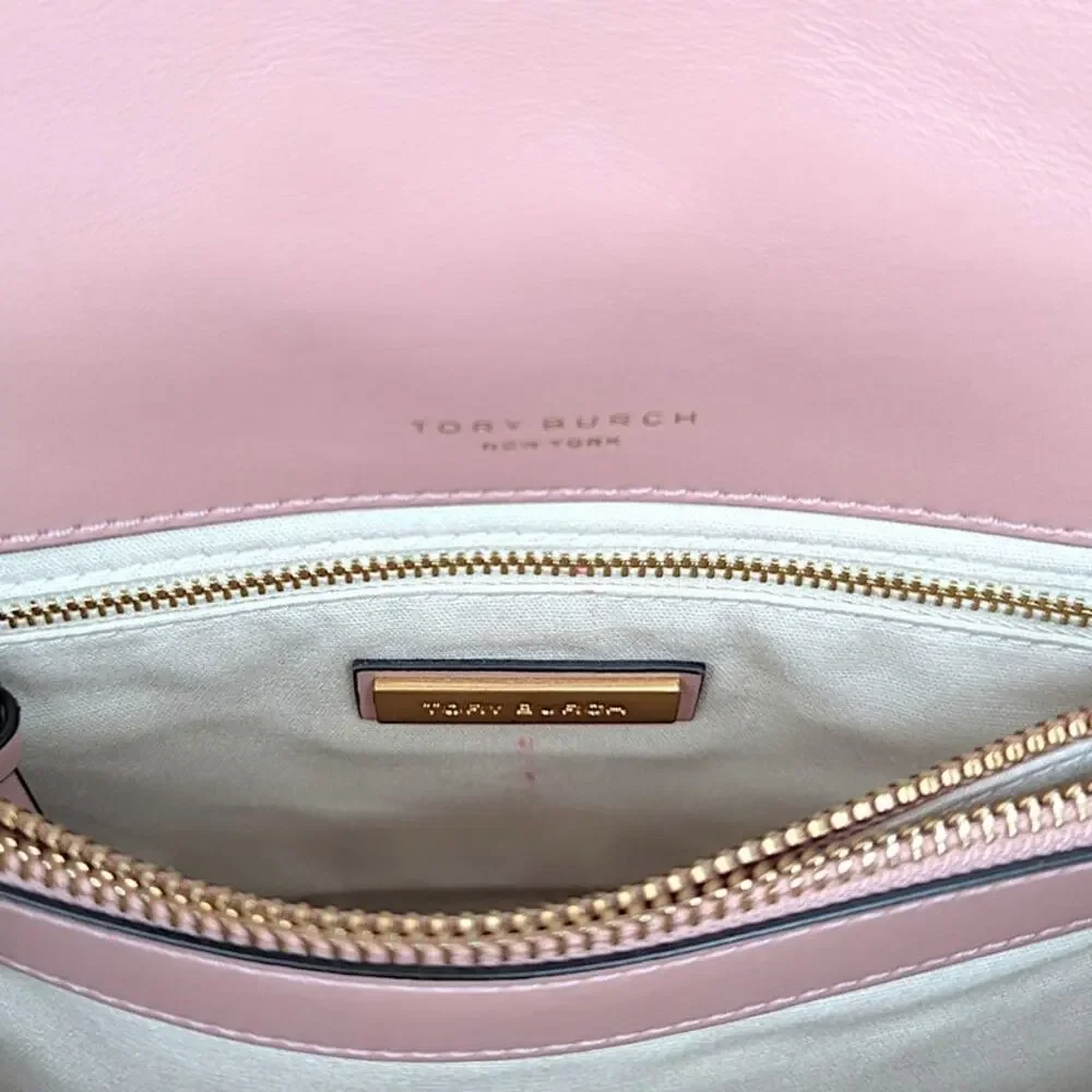 Tory Burch Kira Meadow Sweet Pink Leather Chain Shoulder Bag Gold